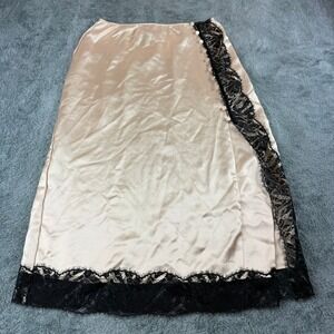 Victoria's Secret Satin Lace Trim Midi Skirt Champagne Gold Black Slit Size M